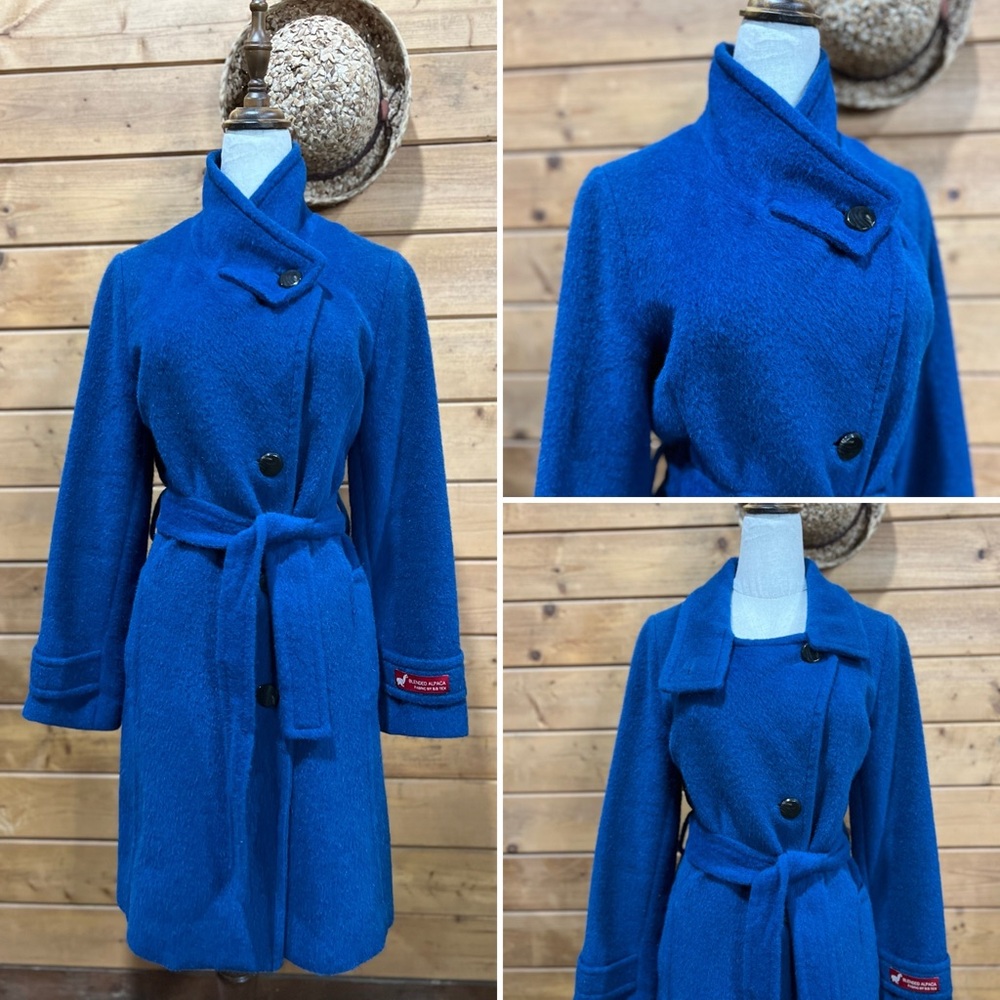 United Colors of Benetton Alpaca Blend Long Coat Blue Asymmetrical Belted EU 42